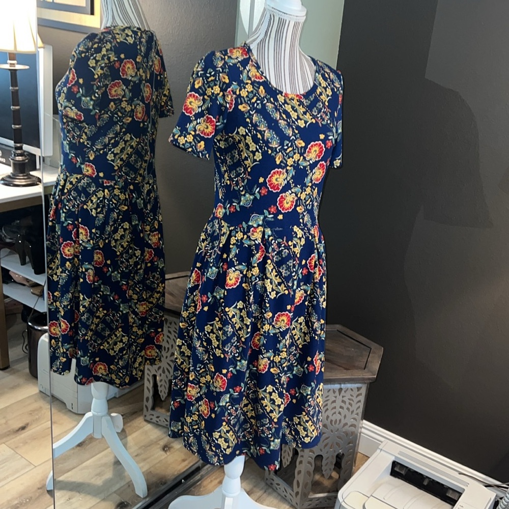 Worn once, LuLaRoe, floral dress, pickets, zips up back, L